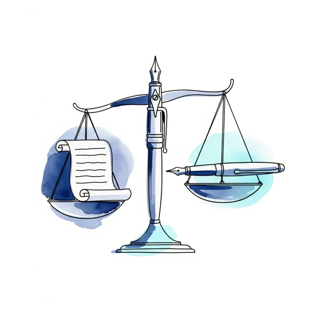 Ilustración en acuarela de una balanza y una pluma fuente, representando la claridad legal y los términos de uso en Reactivos.MX.