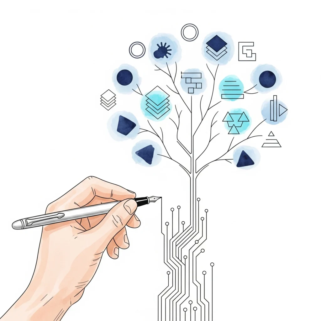 Ilustración en acuarela y tinta de una mano docente dibujando un árbol de conocimiento digital, simbolizando la misión de Reactivos.MX.